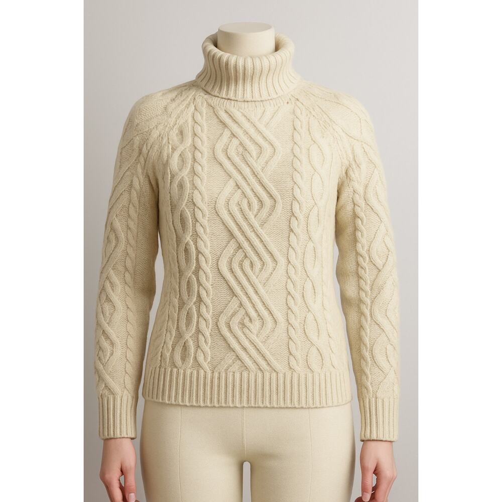 Paul James Cable Knit Wool Sweater Turtleneck Women S Cream Fisherman Chunky